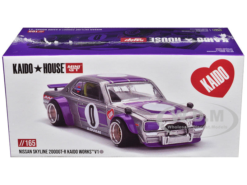Nissan Skyline 2000GT-R (KPGC10) "Kaido Works V1" RHD (Right Hand Drive) #0 Silver Metallic with Purple Stripes (Designed by Jun Imai) "Kaido House" Special 1/64 Diecast Model Car by Mini GT