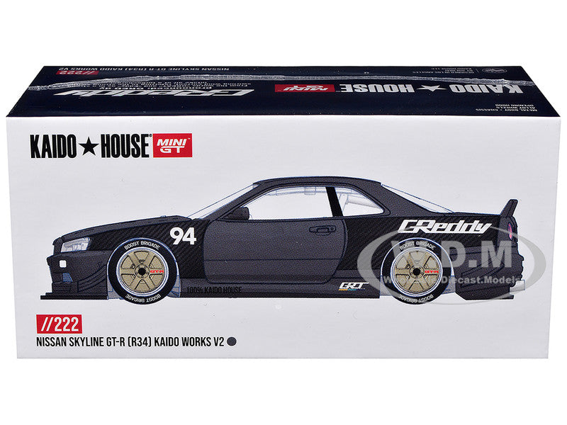 Nissan Skyline GT-R (R34) RHD (Right Hand Drive) #94 "Kaido Works GReddy V2" Carbon Fiber and Dark Gray Metallic (Designed by Jun Imai) "Kaido House" Special 1/64 Diecast Model Car by Mini GT