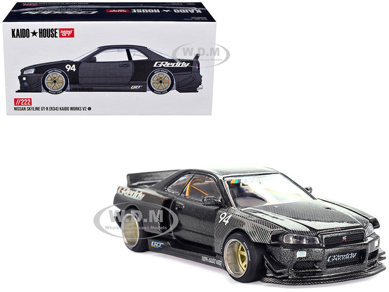 Nissan Skyline GT-R (R34) RHD (Right Hand Drive) #94 "Kaido Works GReddy V2" Carbon Fiber and Dark Gray Metallic (Designed by Jun Imai) "Kaido House" Special 1/64 Diecast Model Car by Mini GT