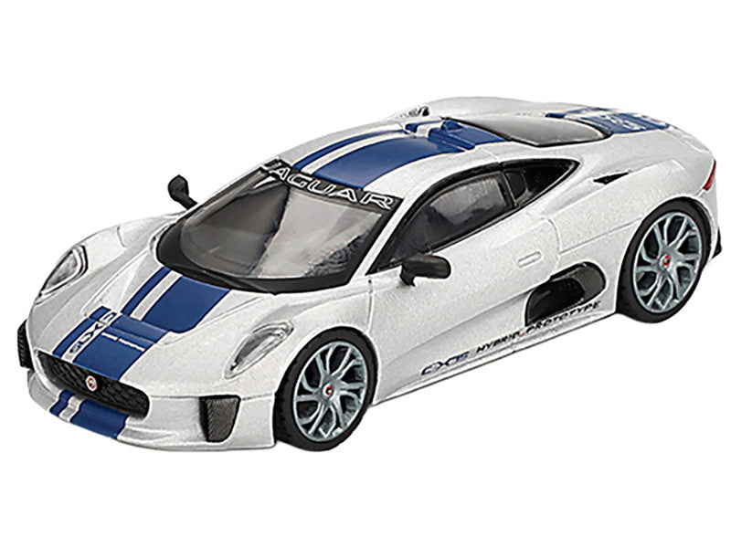 Jaguar C-X75 Silver Metallic with Blue Stripes Limited Edition 1/64 Diecast Model Car by Mini GT