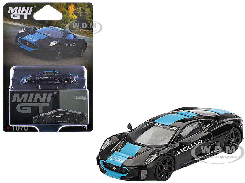Jaguar C-X75 Black with Light Blue Stripe Limited Edition 1/64 Diecast Model Car by Mini GT