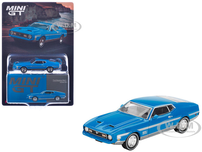 Ford Mustang Mach 1 Grabber Blue with Silver Stripes Limited Edition 1/64 Diecast Model Car by Mini GT